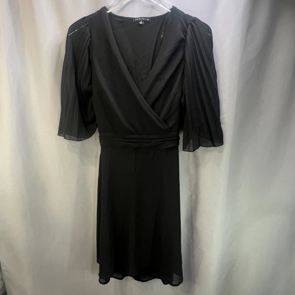 Haute Monde Wrap Dress Womens Small Black Ruched Waist Keyhole Back Puff Sleeve